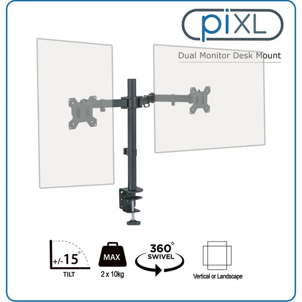 piXL Double Monitor Arm, For Upto 2x 27 inch Monitors, Desk Mounted, VESA dimensions of 75x75mm or 100x100mm, 180 Degrees Swivel, 15 Degrees Tilt, Weight Upto 10kg per screen, Built in Cable Management